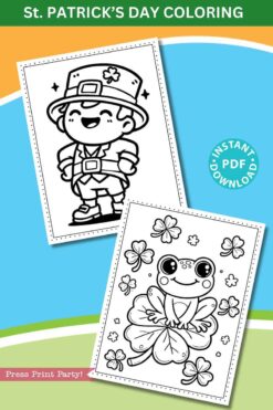St. Patrick's Day coloring pages featuring a cartoon leprechaun and a frog wearing a tutu surrounded by shamrocks. The image promotes an instant PDF download and has a green and orange header.