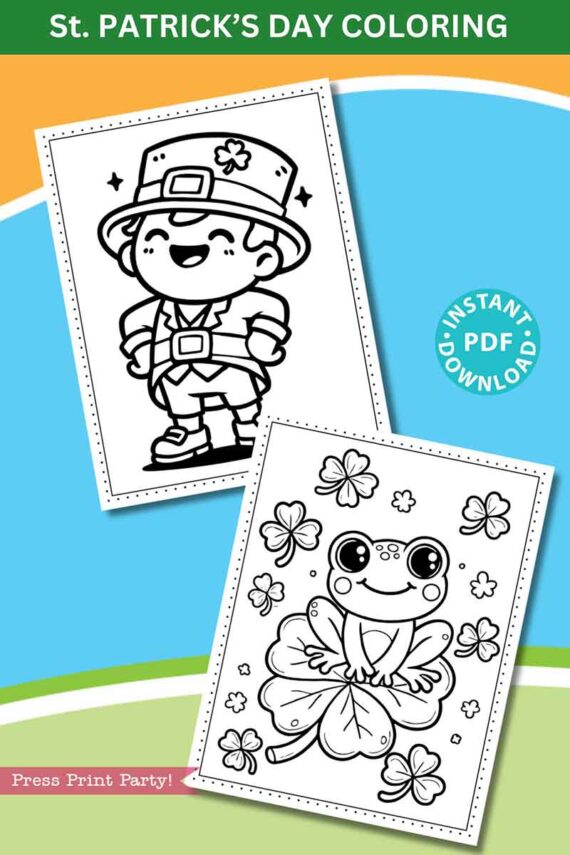 St. Patrick's Day coloring pages featuring a cartoon leprechaun and a frog wearing a tutu surrounded by shamrocks. The image promotes an instant PDF download and has a green and orange header.