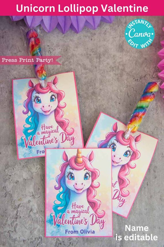Three colorful Valentine cards featuring a pink and blue unicorn with the message "Have a magical Valentine's Day" are displayed, each attached to multicolored lollipops. The name on the cards is editable. Product Name: template (Copy) (Copy).