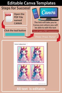 Editable Canva template instructions for Valentine's Day unicorn lollipop cards using the 