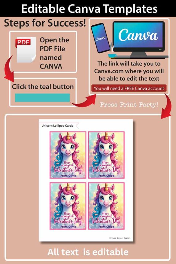 Editable Canva template instructions for Valentine's Day unicorn lollipop cards using the "template (Copy) (Copy)." Features a PDF file link, editing prompts on Canva, and a colorful unicorn design with "Happy Valentine's Day" and "From [Name].
