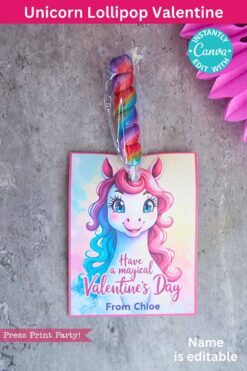 Editable Valentine's card template on Canva featuring a colorful unicorn with a rainbow lollipop, "Have a magical Valentine's Day" text, and "From Chloe." Includes pink flower detail on gray background.