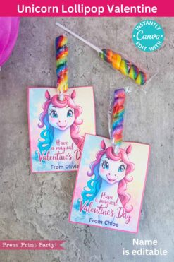 Two magical unicorn-themed Valentine’s Day cards come with rainbow swirl lollipops, featuring unicorn illustrations and the message “Have a magical Valentine's Day.” Includes an editable name section on a light background.