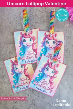 Four unicorn-themed Valentine cards, each with a rainbow lollipop. They feature colorful unicorn illustrations and 