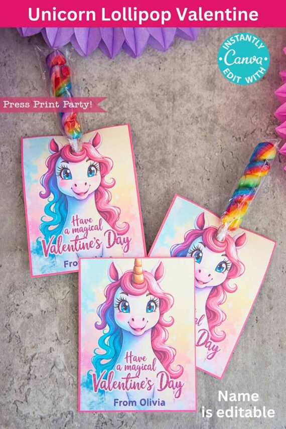 Valentine cards with a vibrant unicorn illustration come with rainbow lollipops. The text says "Have a magical Valentine's Day" with room for personalization and is surrounded by purple decorations.