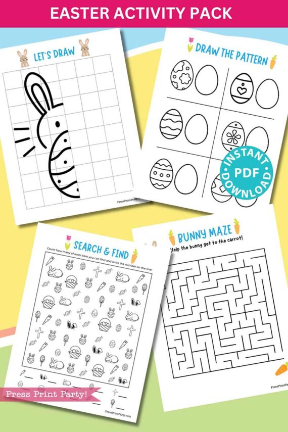 The Easter Activity Printable Pack includes four printable sheets: a "Let's Draw" bunny grid, "Draw the Pattern" with eggs, "Search & Find" for Easter items, and a "Bunny Maze" to guide a bunny to a carrot.