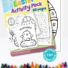 The Easter Activity Printable Pack includes a 20-page instant PDF download with egg and chick coloring pages; colorful crayons are shown below. Available at PressPrintParty.com.