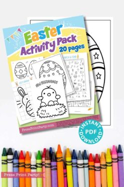 The Easter Activity Printable Pack includes a 20-page instant PDF download with egg and chick coloring pages; colorful crayons are shown below. Available at PressPrintParty.com.