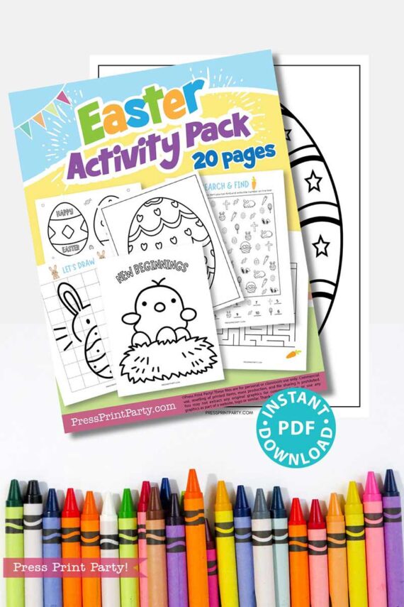 The Easter Activity Printable Pack includes a 20-page instant PDF download with egg and chick coloring pages; colorful crayons are shown below. Available at PressPrintParty.com.