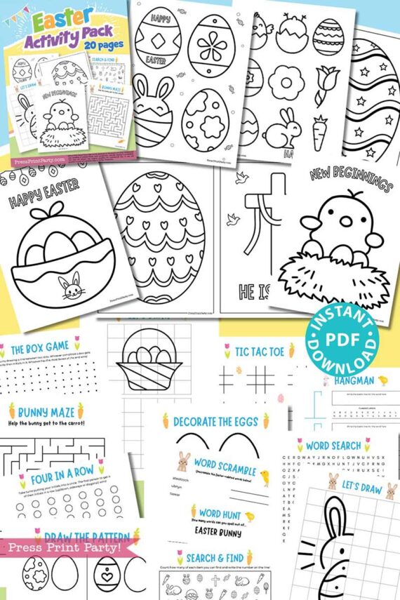 A collage of Easter-themed activity sheets features coloring pages with eggs and bunnies, word games, mazes, and puzzles. The cover showcases "Easter Activity Printable Pack" with 20 pages in pastel colors and festive designs.