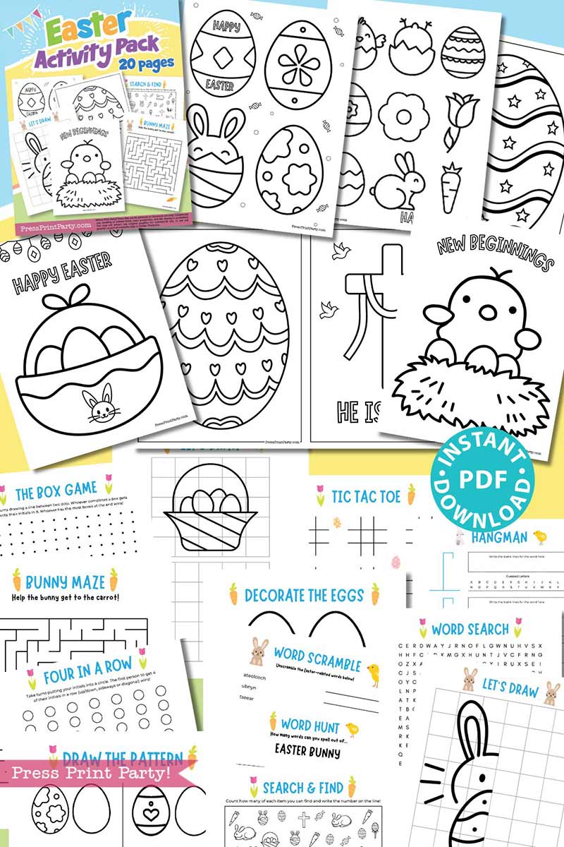 A collage of Easter-themed activity sheets features coloring pages with eggs and bunnies, word games, mazes, and puzzles. The cover showcases "Easter Activity Printable Pack" with 20 pages in pastel colors and festive designs.