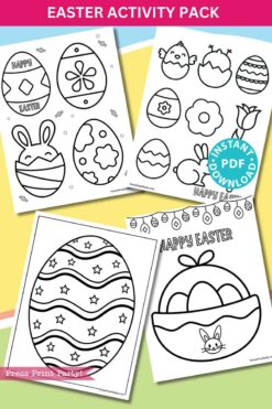 Easter Activity Printable Pack includes coloring pages with decorated eggs, a bunny, and 