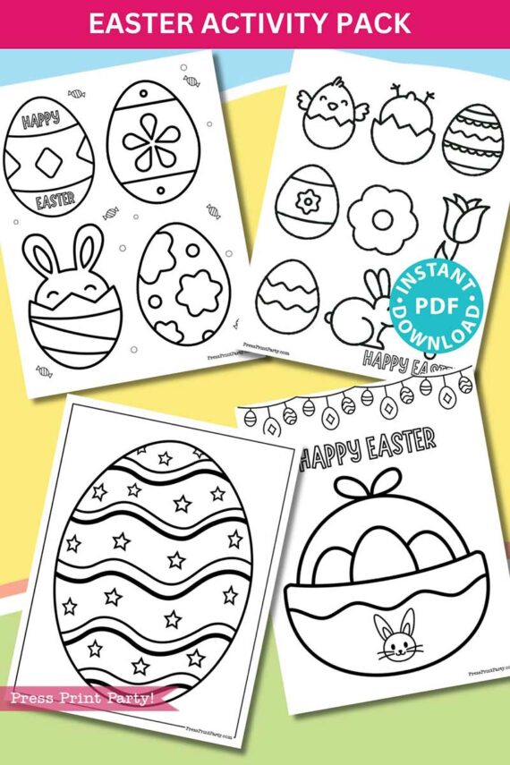 Easter Activity Printable Pack includes coloring pages with decorated eggs, a bunny, and "Happy Easter" in festive fonts. The background has a pink and teal banner reading "Easter Activity Pack," and a blue circle says "Instant PDF Download.