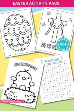 The Easter Activity Printable Pack includes black and white coloring sheets: an Easter egg, a 