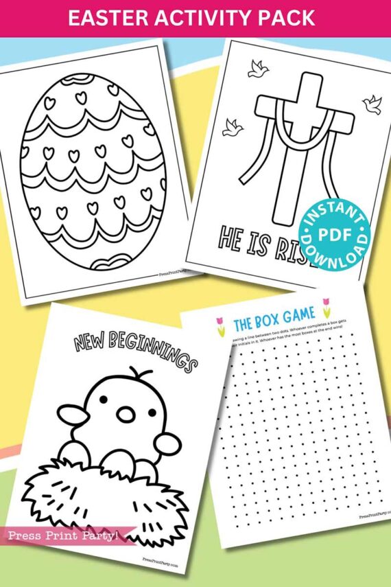 The Easter Activity Printable Pack includes black and white coloring sheets: an Easter egg, a "He is Risen" cross, a "New Beginnings" chick in a nest, and a grid for "The Box Game," plus an instant PDF download banner.