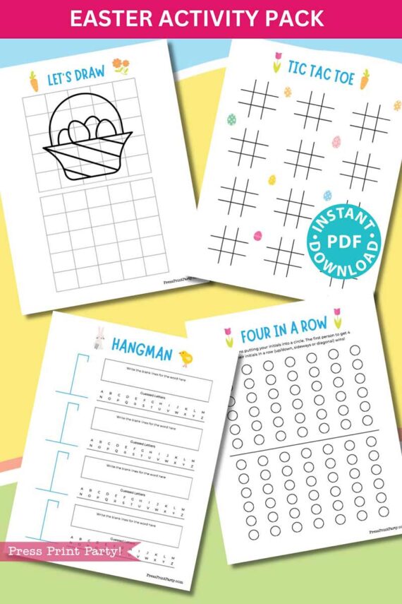 Easter Activity Printable Pack includes four sheets: a drawing grid with an Easter basket, tic-tac-toe, Easter-themed hangman, and four-in-a-row game. Instant PDF download available.