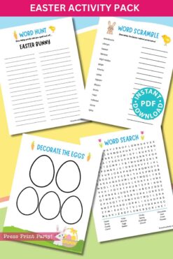 The Easter Activity Printable Pack offers a fun set of four worksheets: Word Hunt featuring 