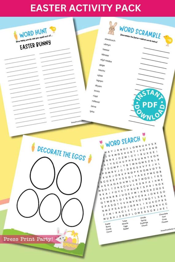 The Easter Activity Printable Pack offers a fun set of four worksheets: Word Hunt featuring "Easter Bunny," Word Scramble, Decorate the Eggs, and Word Search. It includes delightful egg and bunny illustrations and comes with an "Instant PDF download" label.