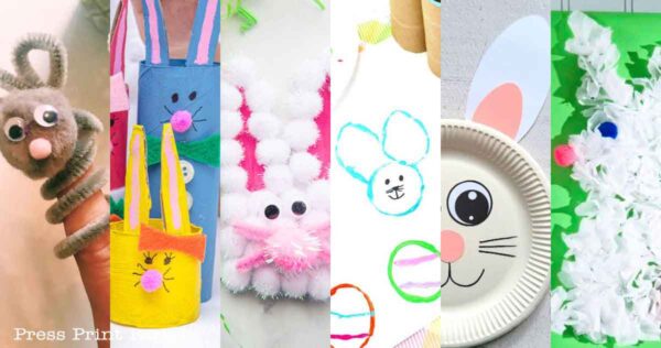 A collage of six delightful Bunny Crafts for Preschool showcases colorful Easter creations, with bunnies made from toilet paper rolls, pipe cleaners, pompoms, felt, and paper plates. Each craft is adorned with googly eyes, ears, and whiskers bringing these playful bunnies to life.
