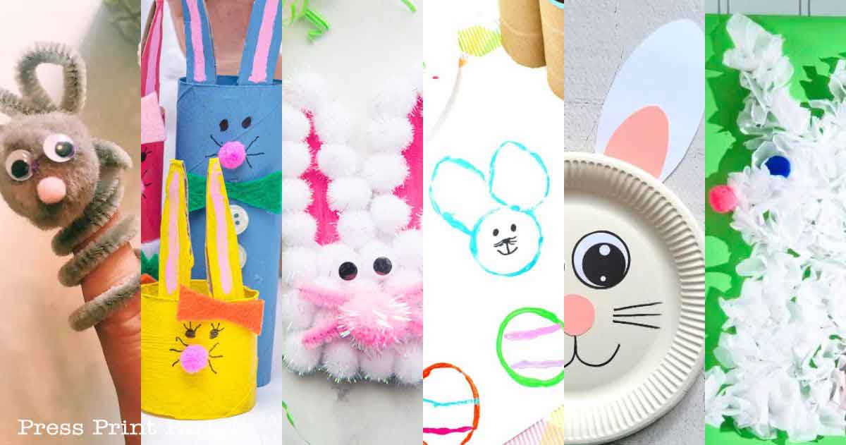A collage of six delightful Bunny Crafts for Preschool showcases colorful Easter creations, with bunnies made from toilet paper rolls, pipe cleaners, pompoms, felt, and paper plates. Each craft is adorned with googly eyes, ears, and whiskers bringing these playful bunnies to life.