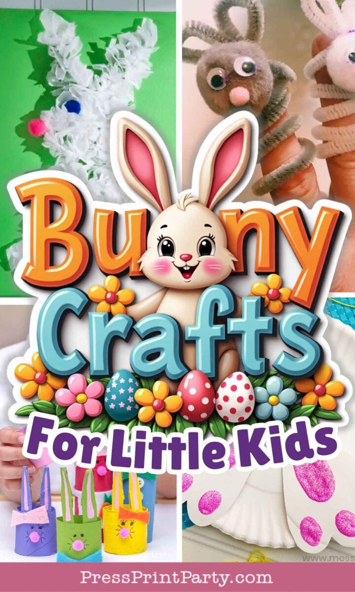 A bright collage of bunny crafts for preschool showcases a cartoon bunny surrounded by colorful flowers and eggs. It includes images of a pom-pom bunny, bunny-themed gift bags, and other creative ideas on a vibrant background.