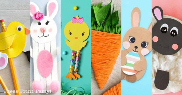A collage of six Easter-themed pencil toppers and crafts, featuring a chick, bunny, carrot, and lamb made from paper, yarn, and felt. The background is colorful, with pastel blues, oranges, and pinks.