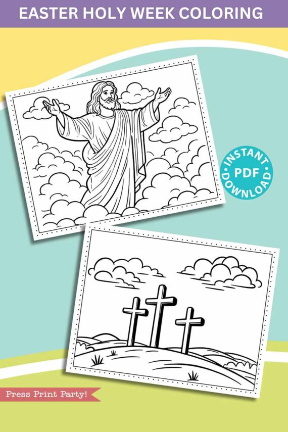 Engage with Easter-themed coloring pages, featuring a figure with outstretched arms in the clouds and three crosses on a hill. The text includes "Easter Holy Week Coloring" and offers an instant PDF download from the Easter Holy Week Coloring Book.