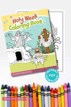 The Easter Holy Week Coloring Book features vibrant crayons illustrating Jesus rising from the tomb and on the cross. This printable Easter activity is available as an instant PDF download, ideal for creative and meaningful celebrations.