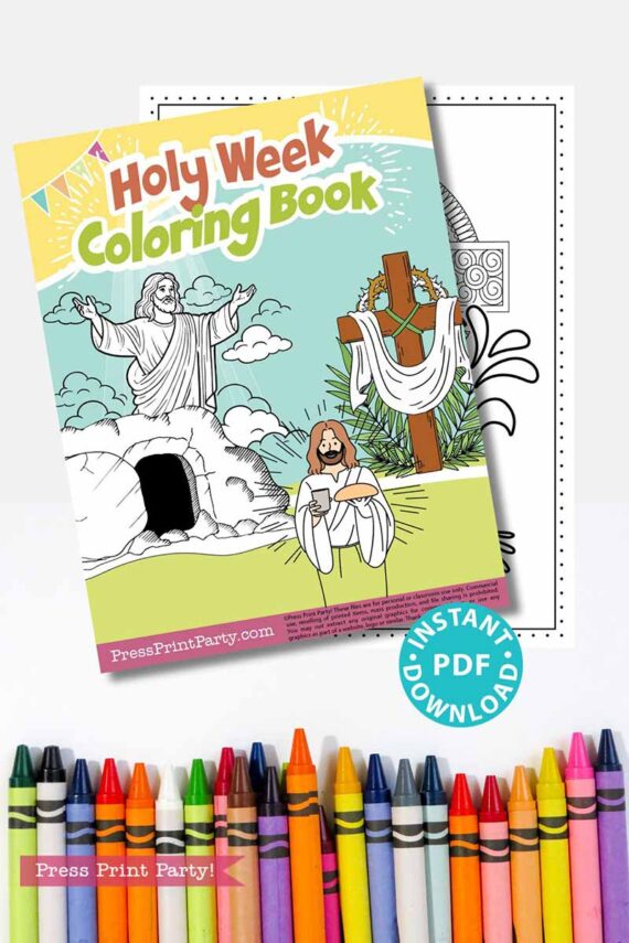 The Easter Holy Week Coloring Book features vibrant crayons illustrating Jesus rising from the tomb and on the cross. This printable Easter activity is available as an instant PDF download, ideal for creative and meaningful celebrations.