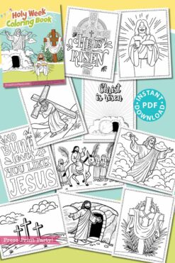 The "Easter Holy Week Coloring Book" features religious scenes with Jesus, crosses, and Biblical imagery, including the phrase "He is Risen." It's perfect for an Easter activity and available as an instant PDF download.