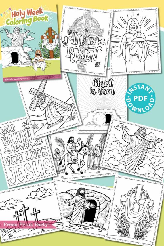 The "Easter Holy Week Coloring Book" features religious scenes with Jesus, crosses, and Biblical imagery, including the phrase "He is Risen." It's perfect for an Easter activity and available as an instant PDF download.