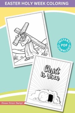 The Easter Holy Week Coloring Book includes two coloring pages: one of a person carrying a cross and another of an empty tomb with 