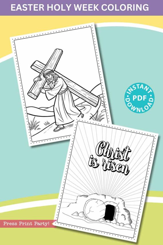 The Easter Holy Week Coloring Book includes two coloring pages: one of a person carrying a cross and another of an empty tomb with "Christ is risen" text. Available as an instant PDF download, it's perfect for Holy Week coloring fun.