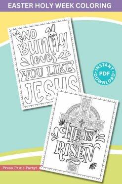 The Easter Holy Week Coloring Book offers two Easter-themed coloring pages. One features 