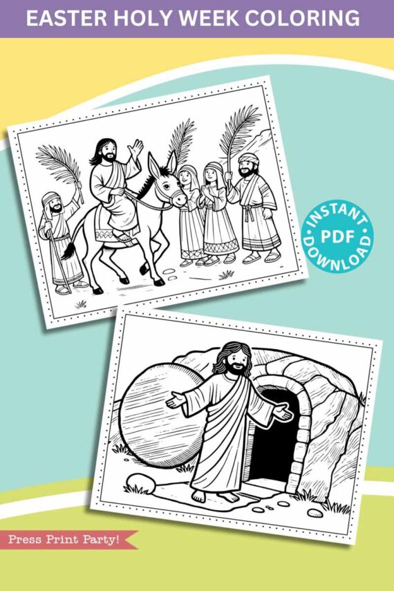 Two black-and-white pages from the "10 Religious Easter Holy Week Coloring Pages Printable" are shown: one depicts a person on a donkey with people holding palm leaves, and another shows someone outside an empty tomb. A blue circle states "Instant PDF Download.