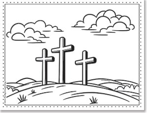 Black and white illustration of three crosses on a hill, surrounded by clouds in the sky.