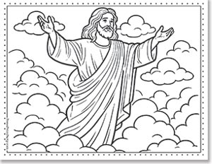 A line drawing shows a bearded figure with long hair and a robe, standing among clouds with arms raised. The sky is filled with fluffy clouds, and the image has a dotted border.