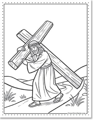 A line art illustration of a man with long hair and a beard, wearing a robe and sandals, carrying a large wooden cross on his back. He is walking along a winding path through a hilly landscape.