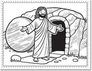 A line drawing depicts a bearded man with long hair and a robe, standing with arms open outside an empty tomb. A large round stone is rolled to the side. The scene suggests an event of emergence or resurrection.