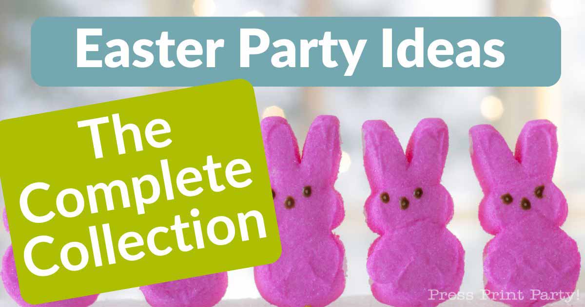Image of five pink marshmallow bunnies lined up in a row. Text overlays showcase "Easter Party Ideas" and "The Complete Collection" in vibrant green and white boxes, perfectly capturing the festive spirit and offering delightful inspiration for your spring celebration.