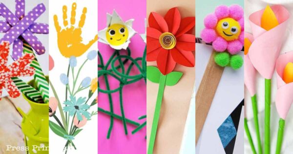 A colorful collage of various flower crafts for kids: paper pinwheel, handprint flower with a smiley, blue floral bouquet, red flower with a button center, pom-pom flower, and pink calla lilies, all displayed on vibrant backgrounds.