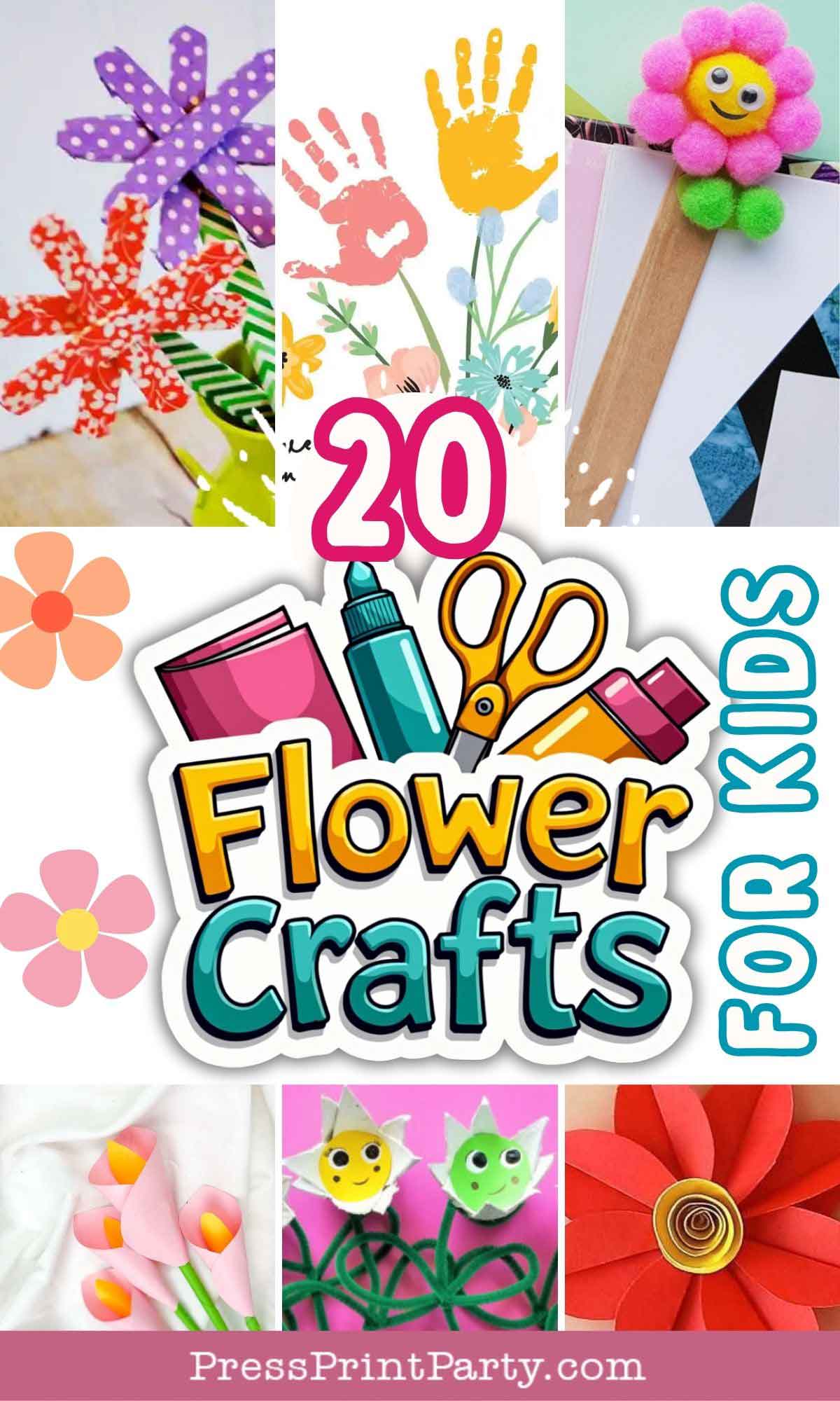 A delightful collage showcasing flower-themed crafts for kids, featuring handprint art, charming paper flowers, and playful designs with pompoms. The joyful text "20 Flower Crafts for Kids" springs to life against a colorful backdrop.