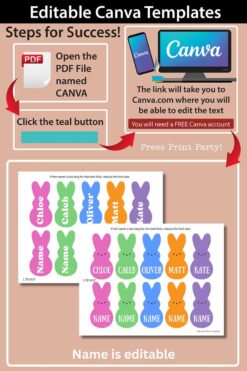 Infographic for Peeps Easter Gift Tags w. Editable Name: Success Steps - Open the CANVA PDF, click the teal button to edit at Canva.com. Features include printable bunny name tags ideal for Easter baskets with editable names and print instructions.