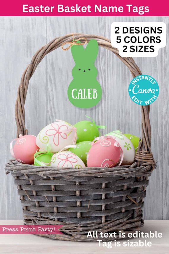 A wicker basket with decorated Easter eggs features a green bunny-shaped name tag labeled "Caleb." The image highlights customizable Peeps Easter Gift Tags with editable names, offered in 2 designs, 5 colors, and 2 sizes.