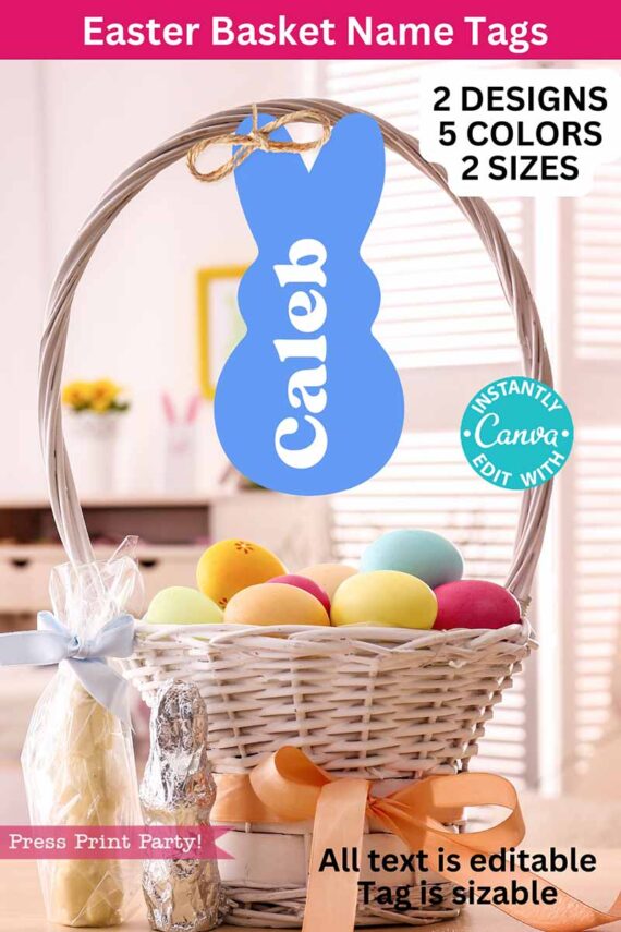 A white wicker basket with colorful Easter eggs sits on a table, featuring our "Peeps Easter Gift Tags w. Editable Name." A blue bunny-shaped tag labeled "Caleb" is attached. With 2 designs, 5 colors, and 2 sizes, easily personalize them in Canva for a unique touch.