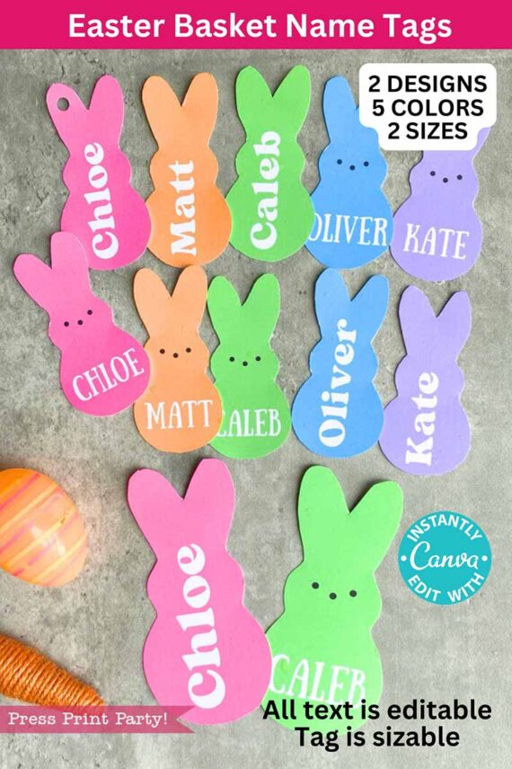 Peeps Easter Gift Tags are available in bunny shapes with names like "Chloe," "Oliver," and "Kate." Choose from two designs, five colors, and two sizes. Text is editable and sizable using Canva. Set against a textured blue background.