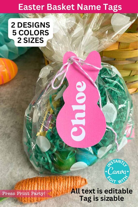 A basket with an Easter-themed gift bag contains candy and green shredded paper, featuring a pink bunny-shaped tag reading "Chloe." Customize your Easter baskets with Peeps Easter Gift Tags w. Editable Name for a personal touch.