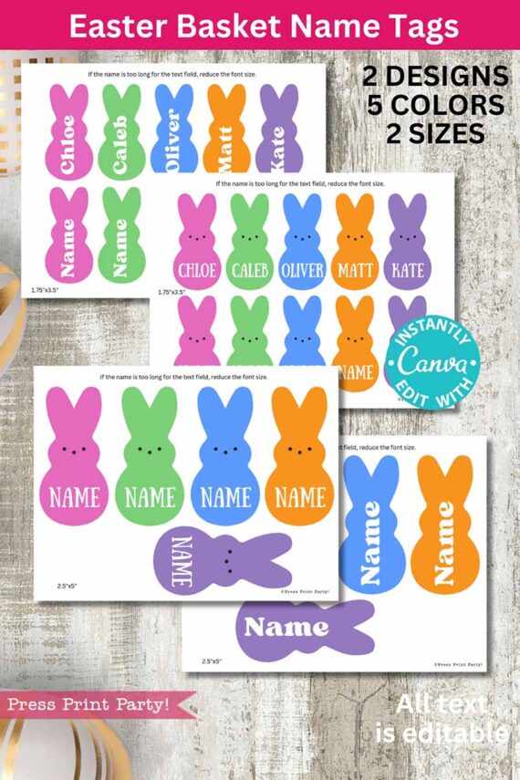 The Peeps Easter Gift Tags w. Editable Name are bunny-shaped, available in two designs and five vibrant colors—purple, green, blue, pink, and orange—in two sizes. They feature editable text fields and are presented on a wooden surface.