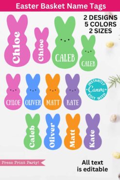 Add a personal touch to Easter baskets with Peeps tags in bunny shapes, available in pink, green, orange, blue, and purple. Offered in two editable designs on Canva with names like Chloe, Caleb, Oliver, Matt, and Kate.