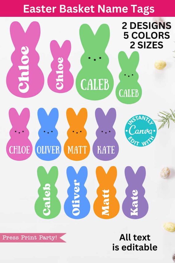 Add a personal touch to Easter baskets with Peeps tags in bunny shapes, available in pink, green, orange, blue, and purple. Offered in two editable designs on Canva with names like Chloe, Caleb, Oliver, Matt, and Kate.
